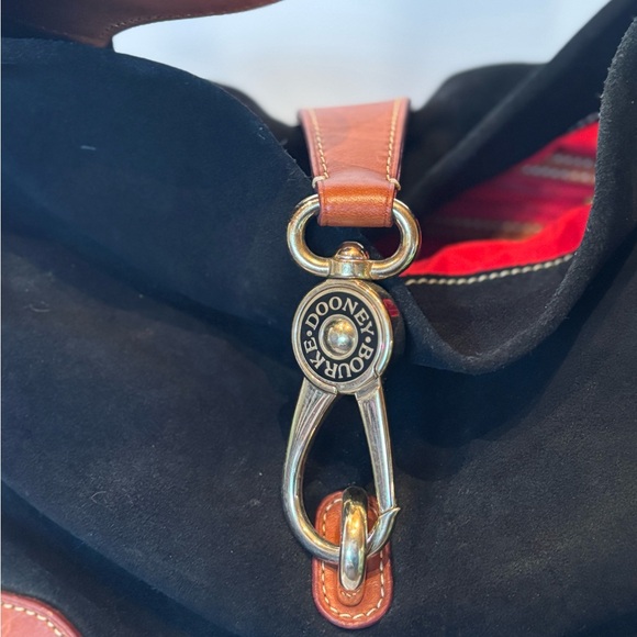 Dooney & Bourke black suede drape tote with brown leather trim. - Picture 8 of 12